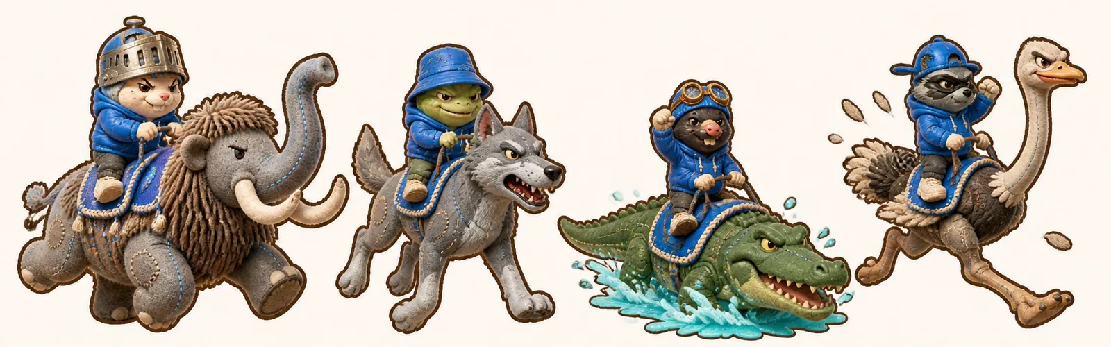 Concept art of the four rides, each ridden by a critter: a woolly mammoth, a grey wolf, a green gator and an ostrich.