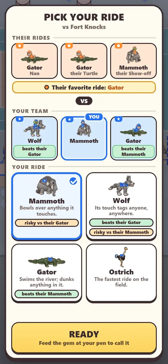 The pick card: their rides, your team, and your ride with what it beats.